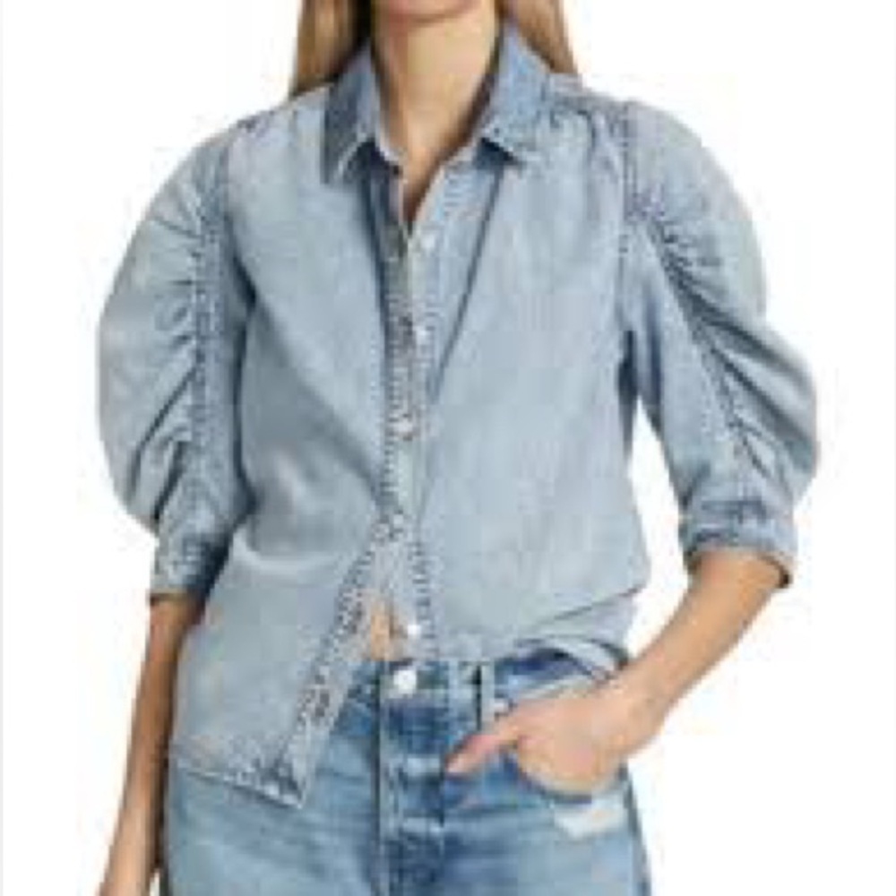 Frame Ruched Puff Sleeve Denim Shirt